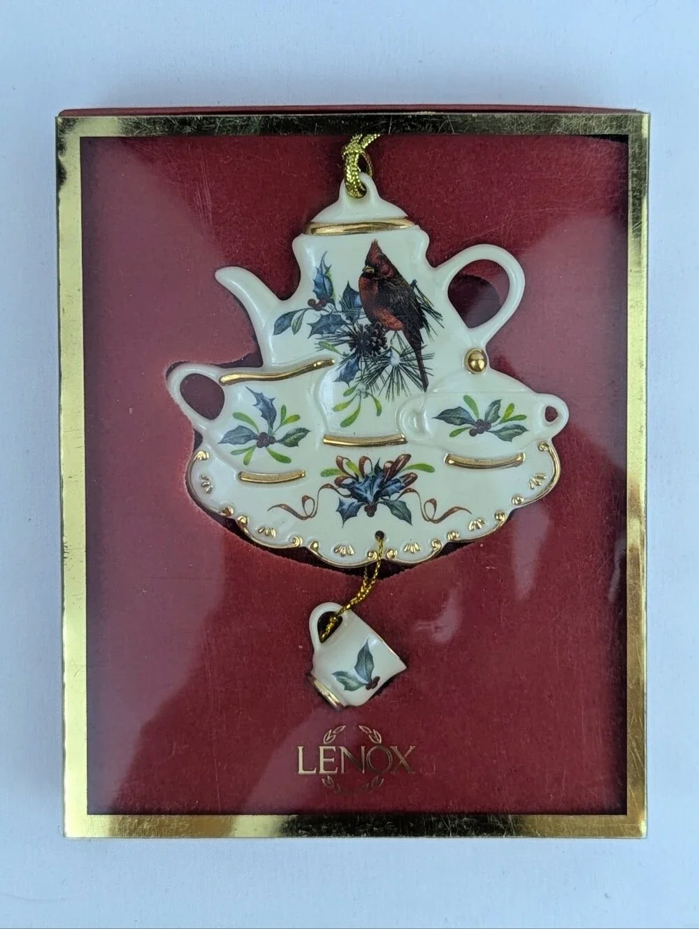 Lenox Cardinal On Pine Boughs & Holly Tea Theme Holiday Christmas Ornament